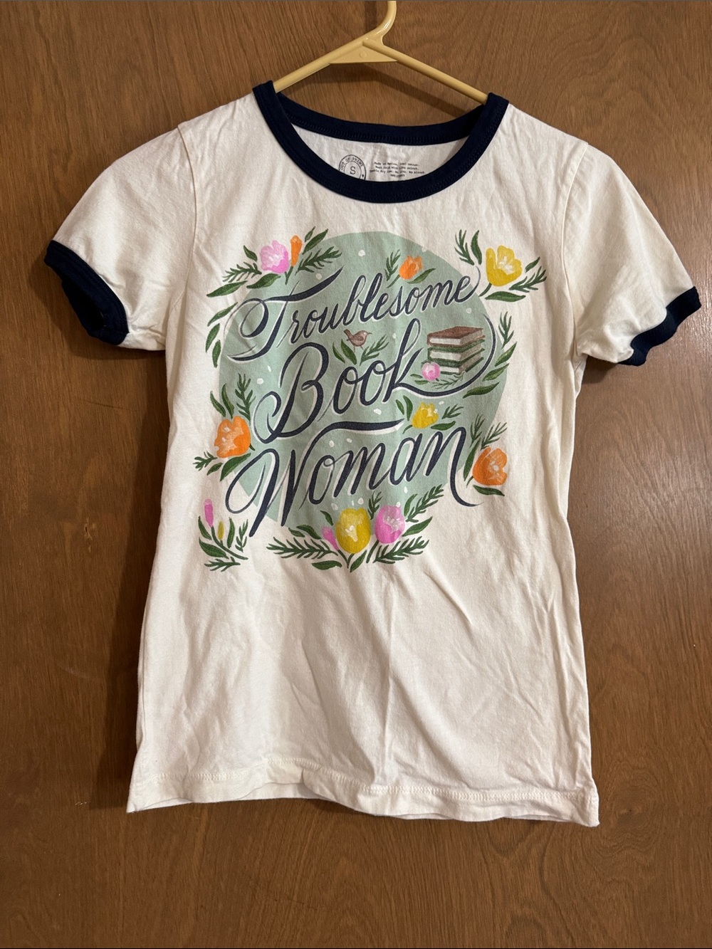 Out of Print White Ringer Tee with Navy Trim and Floral Book Graphic